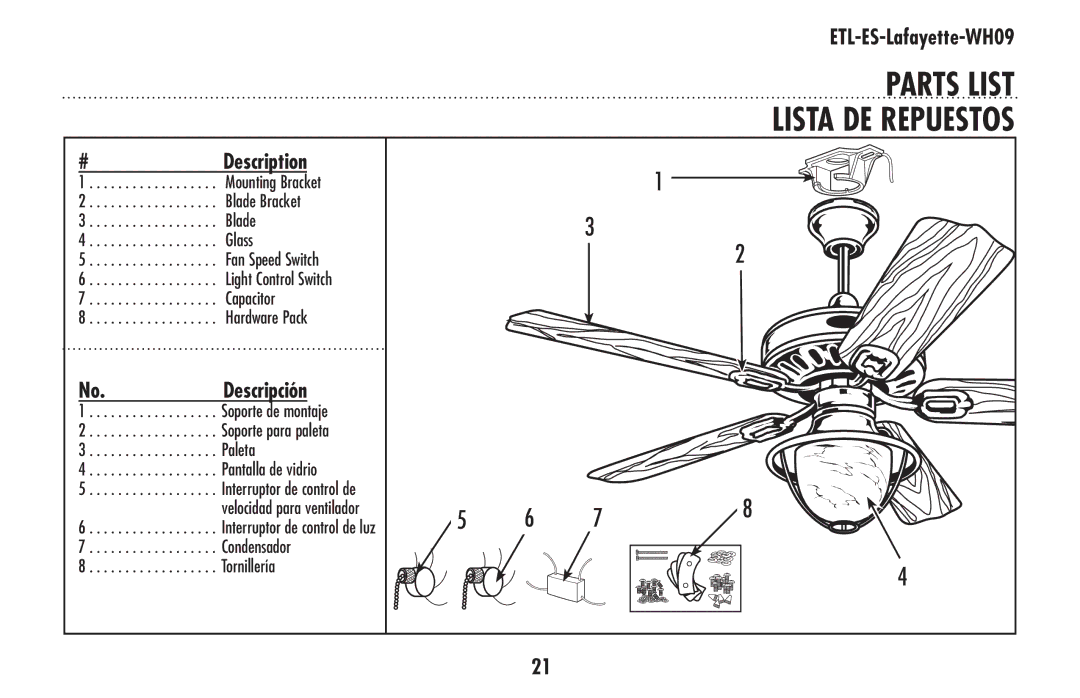 Westinghouse ETL-ES-Lafayette-WH09 owner manual PARTS LIST Lista DE Repuestos 